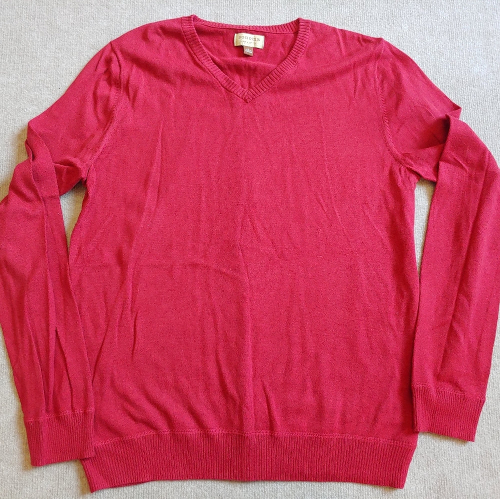 Sonoma V Neck Sweater Men's Size Large Burgundy Red Long Sleeve 100% Cotton